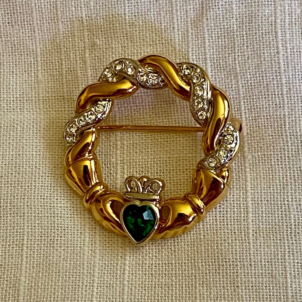 Irish Claddagh Pin/Brooch with Emerald Rhinestone
